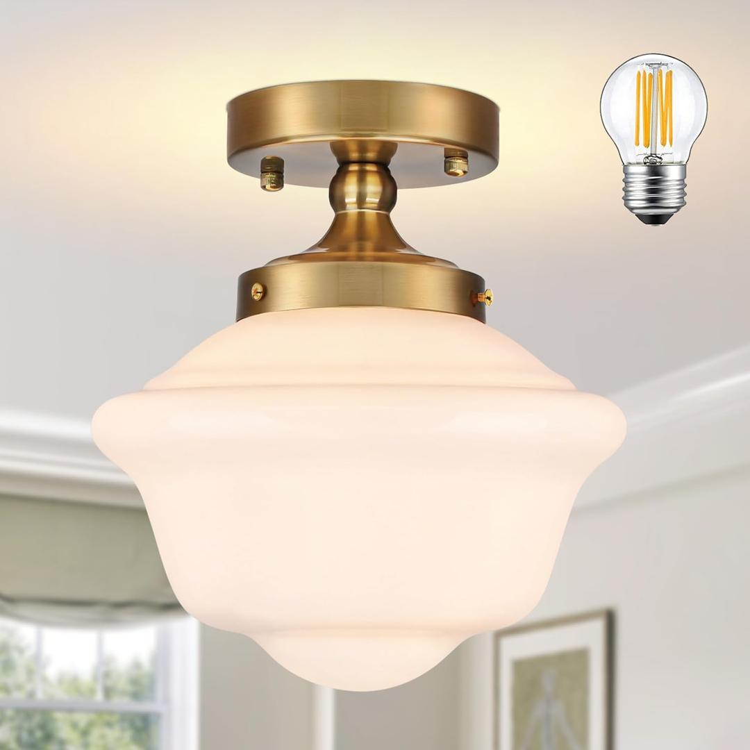Bagood 8" Gold Schoolhouse Lights Fixture Schoolhouse Light Fixtures Ceiling Mid Century Lights Fixture Milk Glass Fixtures Semi Flush Mount Ceiling Light for Bathroom Kitchen (Bulb Incl.)