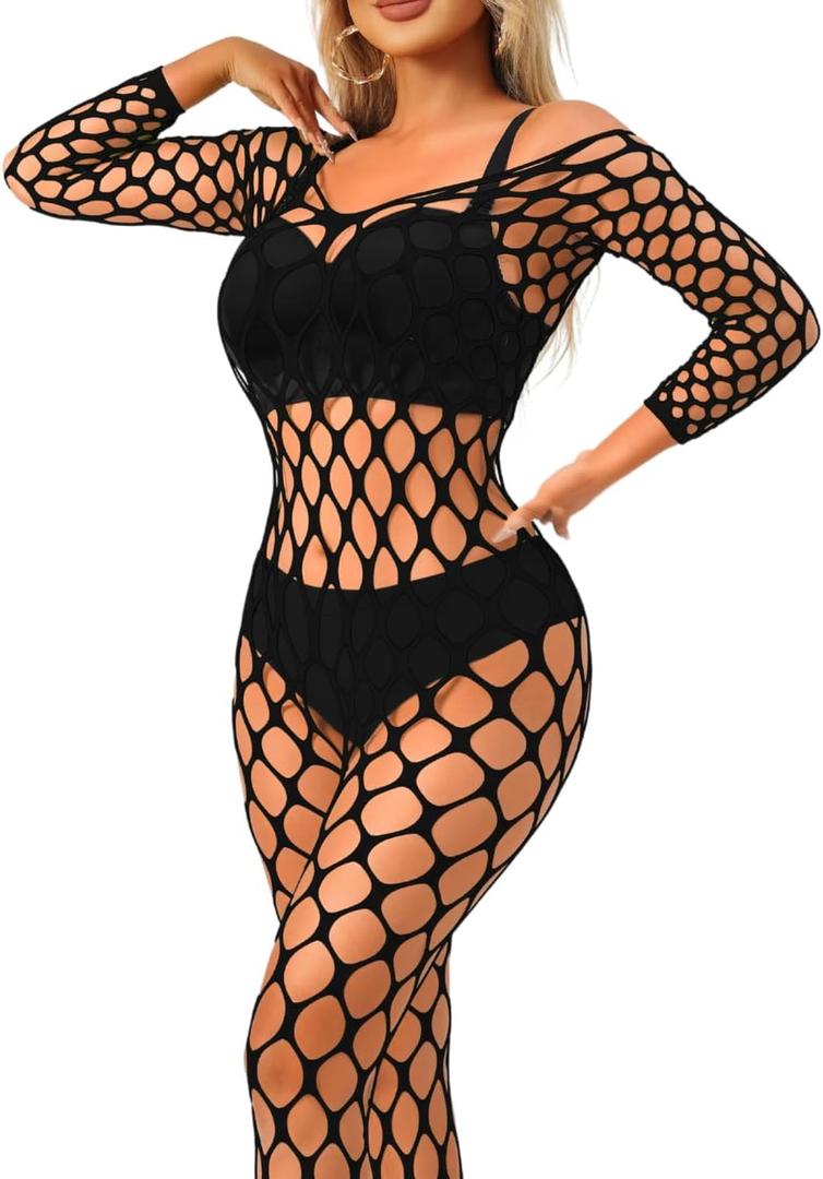 ChiaoLezhee Exotic Fishnet Bodystocking, Rave Glow Outfits, One Size, Sheer Mesh Dancewear Sexy Jumpsuit Plus Wear Dancer (Black)