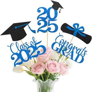 Pack of 3 MSZWTDZX Blue Graduation Decorations 2025, 20Pcs Class of 2025 Graduation Centerpieces for Tables, Double-Sided Grad Table Centerpieces with Sticks, Grad Party Decoration Supplies(Black&Blue)