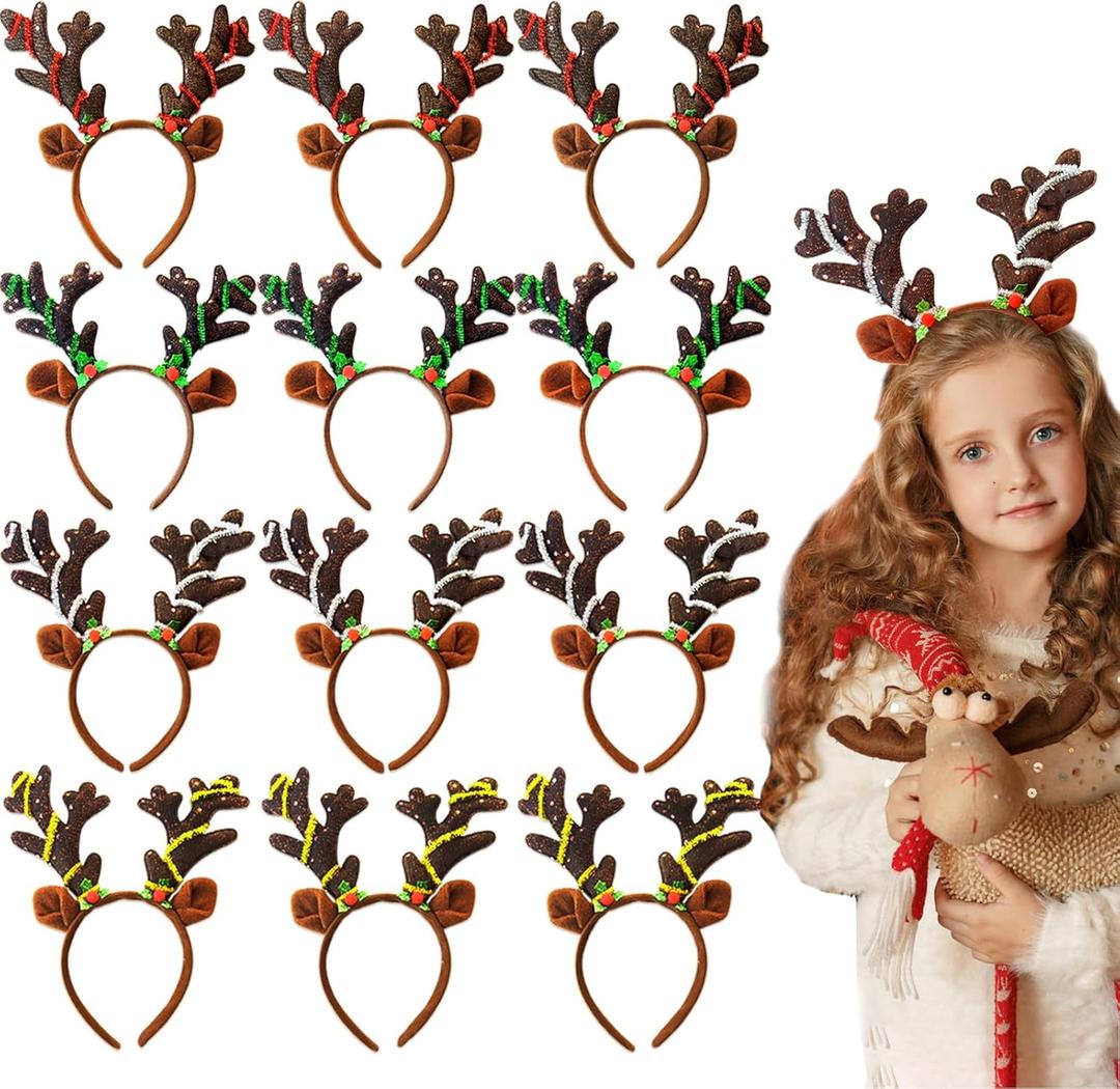 12 Pcs Christmas Reindeer Antlers Headband,Christmas Reindeer Ears Headband with Glitter Sequins,Christmas Headpiece Deer Hairbands for Kids Adults Xmas Holiday Photo Booth Props Party Favors