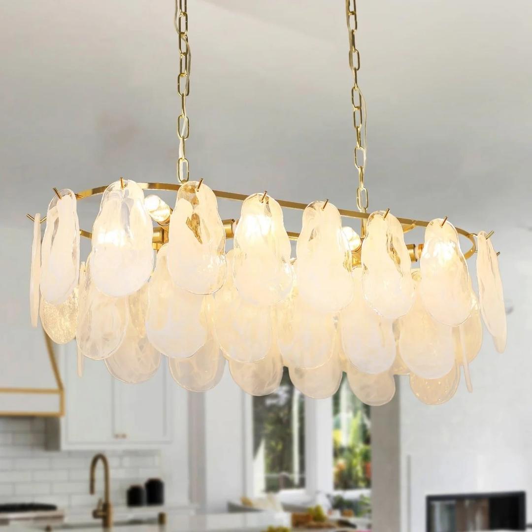 8-Light Gold Oval Crystal Chandelier, 31.5" Kitchen Island Lighting Fixture, Adjustable Hanging Pendant Light for Hallway Foyer Breakfast Bar Living Room Dining Room, E12 Bulb Included, UL