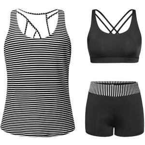 Tempt Me 3 Piece Tankini Swimsuits for Women Athletic Bathing Suits Swim Tank Top with Boy Shorts and Bra Modest Swimwear, L