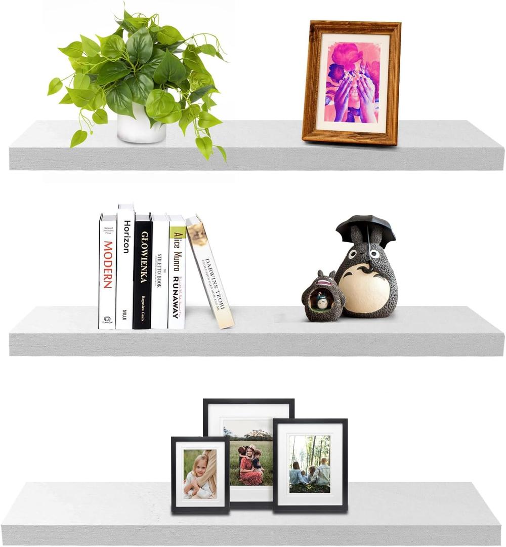 SAUMONIERES Floating Wall Shelves for Bedroom Bathroom Wall Mounted Solid Wood Shelf 24 Inch Set of 3, White
