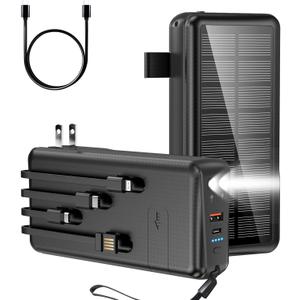 Portable Charger with Built in Cable and Wall Plug 50000mAh PD30W Fast Charging Solar Power Bank with 5 Output & 2 Input Dual LED Flashlights Phone Holder External Battery Pack (Black)