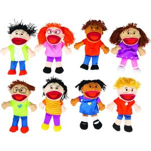 Fun Express 14" Happy Kids Stuffed Hand Puppets with Movable Mouths - 8 Puppets - Multicultural - Great for School and Home