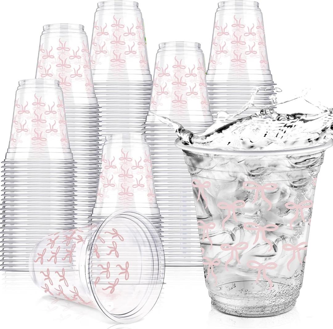 50 Pcs Pink Bow Snack Cups 12 oz Bow Plastic Cups Lovely Bowknot Tumbler for Just Wanna Be One Birthday Wedding Baby Shower Party Supplies
