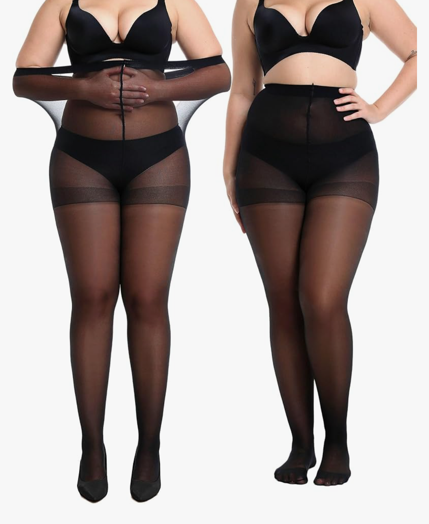 Women's 2 Pairs Plus Size Sheer Tights for Women - 20D Queen Size Control Top Pantyhose with Reinforced Toes, 3XL