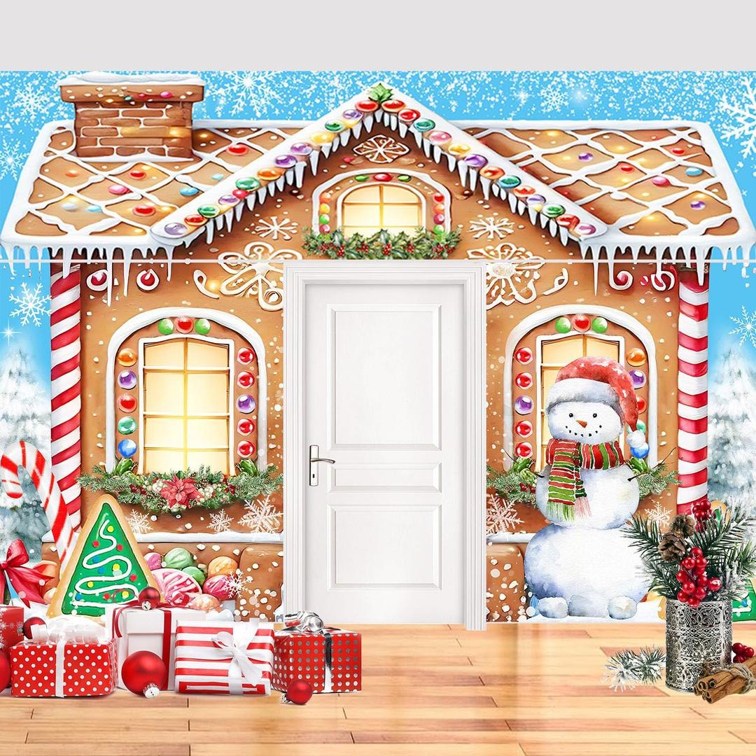 3PCS Christmas Gingerbread House Door Cover Banner Gingerbread House Man Classroom Door Decorations Banner for Outside Holiday Christmas Snowman Wall Porch Sign Background Decor