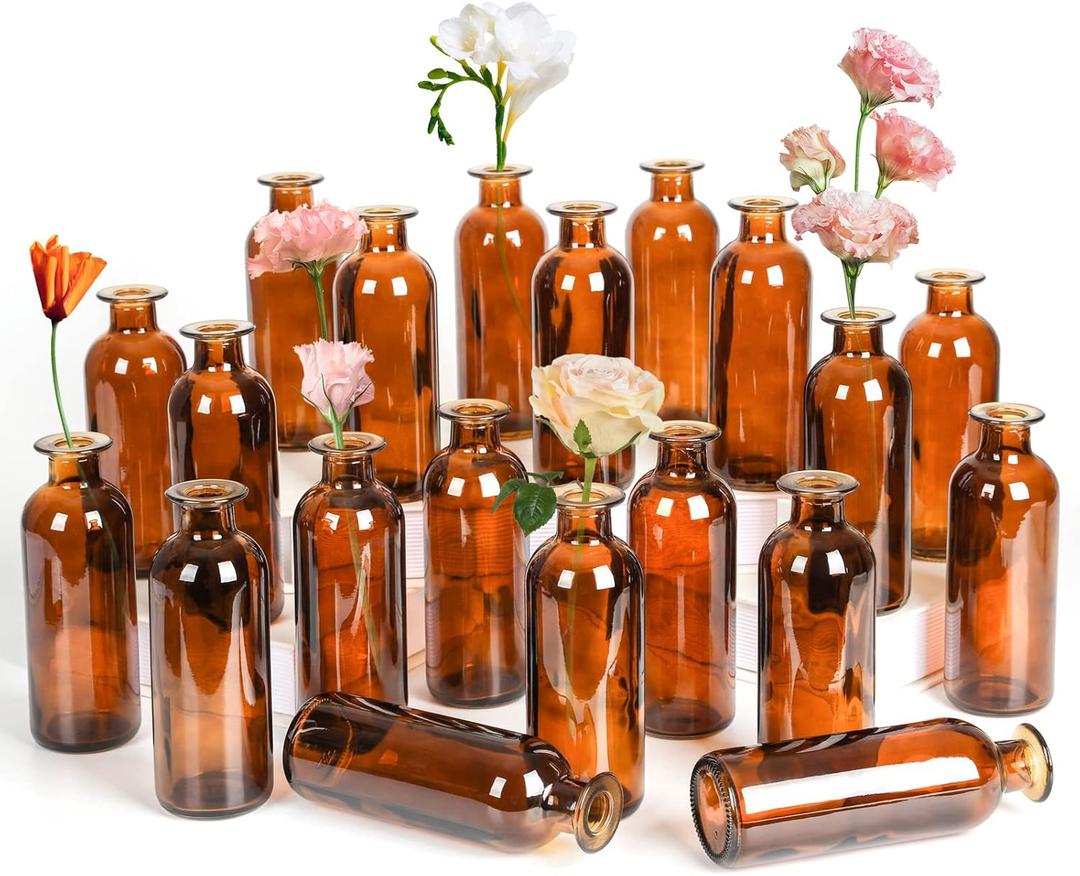 Amber Glass Bud Vase, 20 Pack 8 Oz Living Bud Vases, Small Vases for Flowers, Decorative Amber Bottles for Table Centerpiece, Home Decor, Office, Wedding Reception, Vintage Style (Brown)
