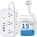 Flat Extension Cord 15 ft, NTONPOWER Surge Protector Power Strip with 6 Widely Outlets 4 USB Ports(2 USB C), Flat Plug, Wall Mounted, Side Outlet Extender for Indoor, Home Office, Dorm Room Essentials