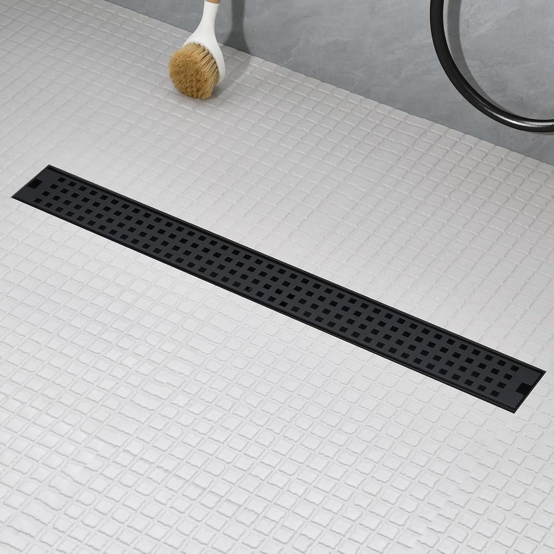 24 Inch Linear Shower Drain - Matte Black 304 Stainless Steel Rectangular Floor Drain with Adjustable Leveling Feet, Hair Strainer and Removable Grate
