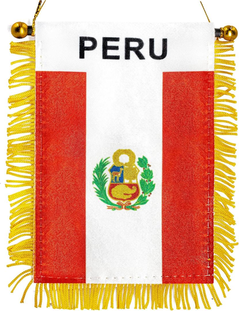 Anley 4 X 6 Inch Peru Fringy Window Hanging Flag - Mini Flag Banner & Car Rearview Mirror Dcor - Fringed & Double Sided - Peruvian Hanging Flag with Suction Cup