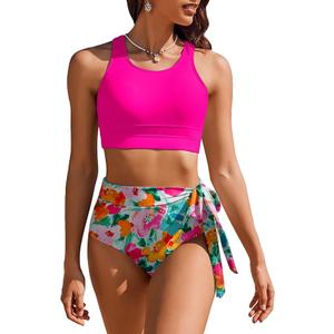 AI'MAGE Womens High Waisted Bikini Set Tummy Control 2 Piece Bathing Suit Modest Racerback Swimsuit 2025 with Tie Side Knot (Small, Hot Pink Flower)