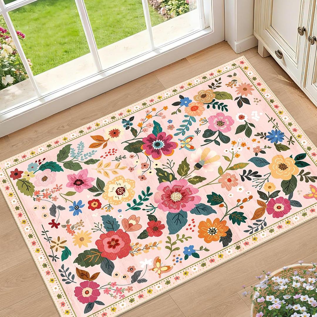 Floral Nursery 2x3 Area Rugs Washable Print Boho Cute Carpet Non Slip Flower Low Pile for Living Room Kids Girls Playroom Bedroom Kitchen Office Farmhouse-Pink