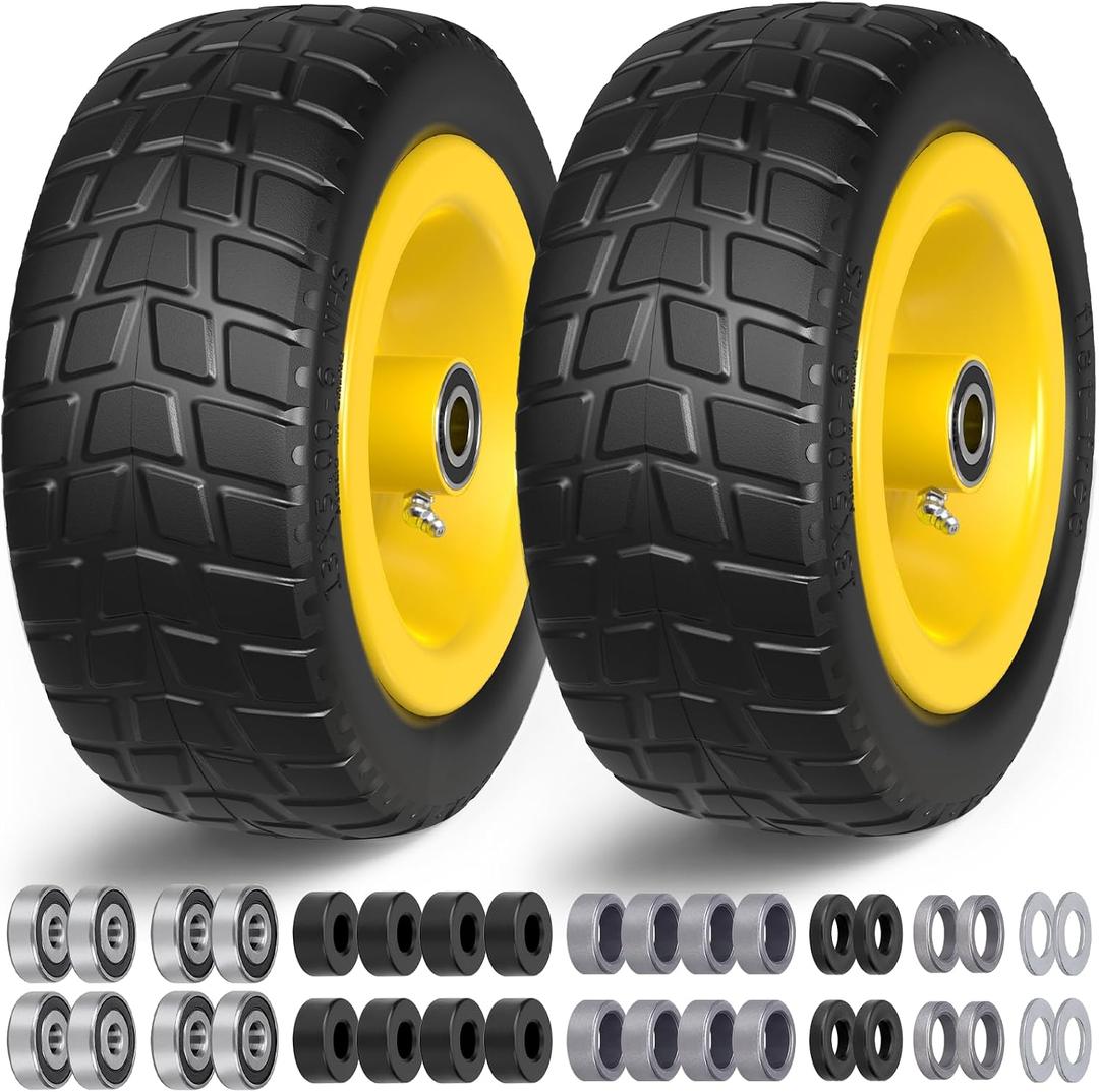 13x5.00-6 Flat Free Tire and Wheel with 3/4"&5/8"&1/2" Bearings,4.1"Center Hub,13x5.00-6 Tire and Wheel,13x5-6 Lawn Mower Tires Replacement Heavy Duty,Tubeless Tire with Rim for Residential/Commercial, 13x5-6-V-YEL-TIR
