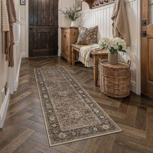 Brown Washable 2x5 Runner Rugs for Hallway Entryway Vintage Distressed Neutral Rug Carpet Durable Soft Non Slip & Shedding Stain Resistant Low Pile Indoor Home Decor