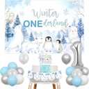 Winter Onederland 1st Birthday Decorations, Arctic Polar Animals Blue Silver Balloon with Backdrop Cake Topper One High Chair Banner Number 1 Foil Balloon for Boys Girls 1st Birthday Party