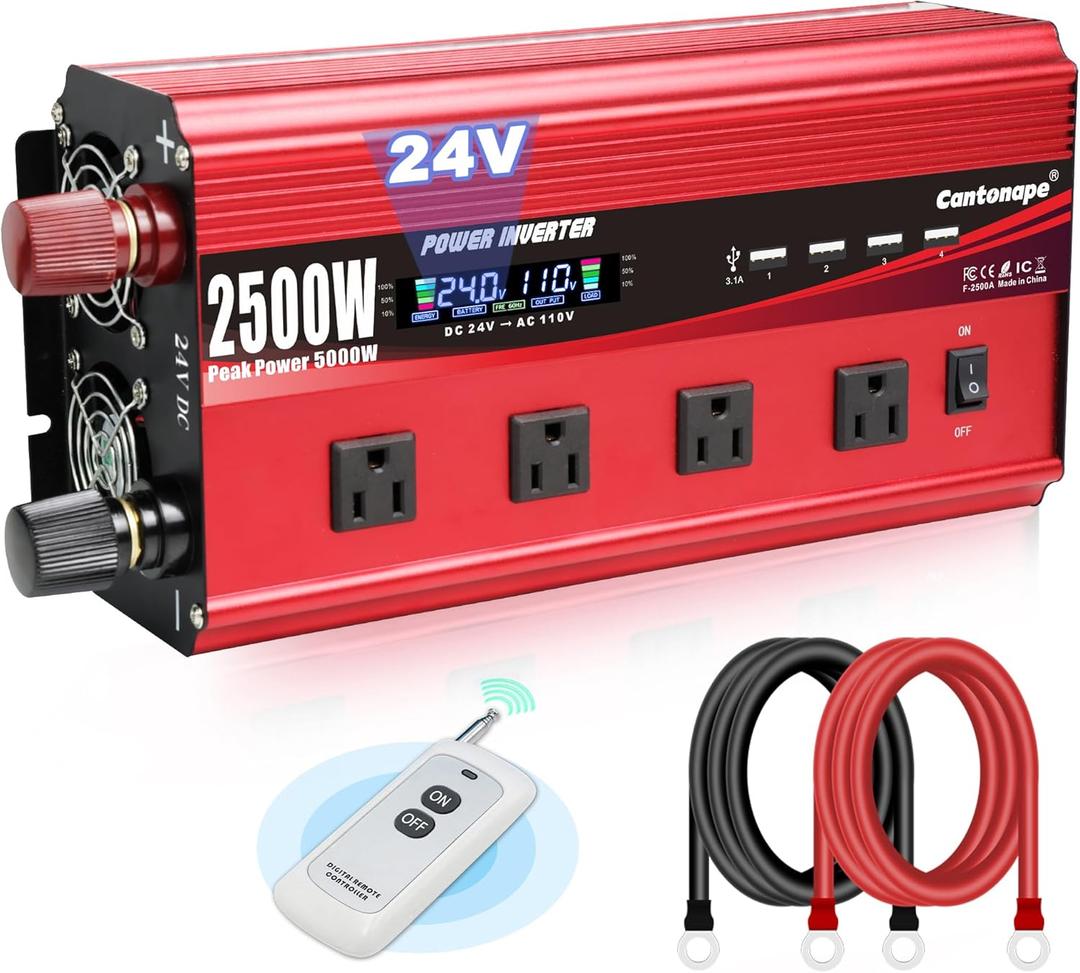 2500W Power Inverter 24V to 110V/120V DC to AC with LCD Display, Remote Controller 4 x AC Outlets and 4 x 3.1A USB Car Adapter for Car Truck Boat RV Solar System (Red)