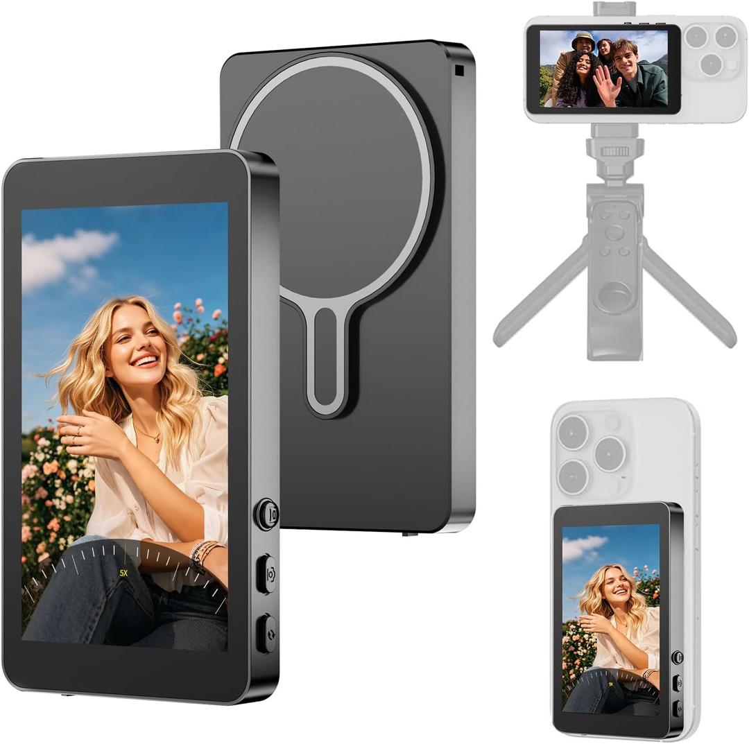 Magnetic Phone Vlog Selfie Monitor Screen, Rear Back Camera Monitor for iPhone, 4" Screen 2000mAh Battery 20m Transmission Distance for Selfie Vlog Live Stream TikTok Video Recording (Black 1)