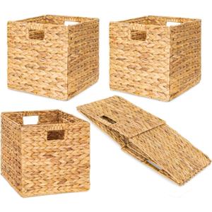 10.5'' Foldable Large Cube Water Hyacinth Wicker Storage Baskets with Handles and Built-in Metal Frame, 4 Pcs Stylish and Durable Hand Woven Bin Perfect for Shelves and Living Room Organizing