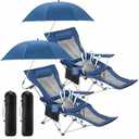 Yuntau 2 Set Reclining Camping Chair with Umbrella, Camping Chair with Foot Rest, Adjustable Chair Umbrella with Clamp, SPF 50+, Folding Mesh Camping Lounger Chair for Outdoor(Blue)