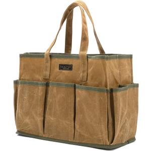 16OZ Waxed Canvas Tool Tote Bag | Large-Capacity Tool Storage Tote with 10 External Pockets | Multi-Purpose Garden Tool Carrier for Gardening, Wrench, and Carpentry Tools  Khaki
