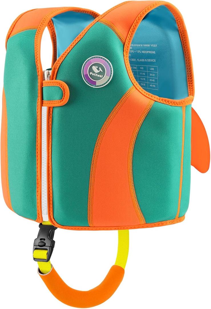 Pottwal Swim Vest for Kids - Swim Jacket for 1-2 Years (24-33LBS) - Buoyancy Aid Made of Neoprene & EPE - with Adjustable Crotch Strap (Small, Orange Green)