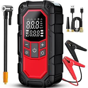 Jump Starter with Air Compressor,3000A car Battery Jump Starter (9.0 Gasoline/6.5L Diesel) with 150PSI Digital tire inflator Portable,12V Power Pack Car Jump Box Charger with LCD Display, Lights, Black 