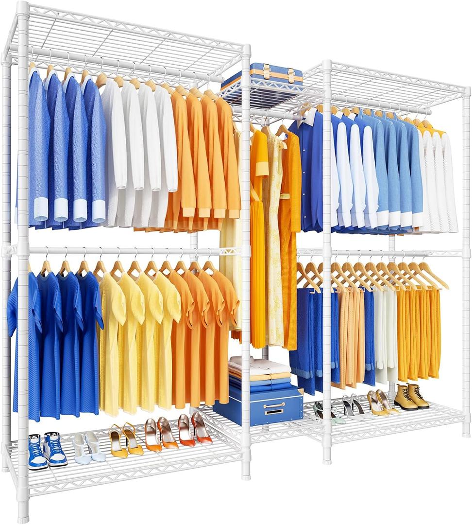 Ulif E12 Clothes RackHeavy Duty Freestanding Garment Rack with ShelvesMetal Clothing Closet Storage System for Hanging Clothes71" W x 16" D x 76.5" H, Hold 960 lbsWhite