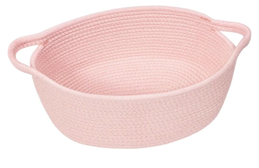 Goodpick Small Woven Basket for Gifting, Small Storage bins for Toys, Baby Gift Baskets for Nursery, Pink Rope Basket for Gifts, Decorative Baskets with Handles, 12" x 8" x 5"