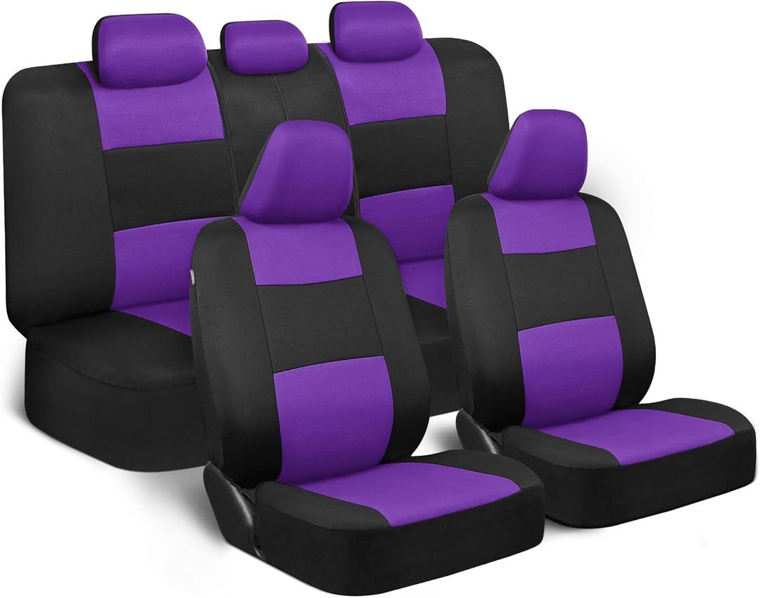 BDK PolyPro Car Seat Covers Full Set in Purple on Black, Front and Rear Split Bench Seat Covers for Cars, Easy to Install Car Seats Cover Set and Accessories for Auto Trucks Van SUV - Purple