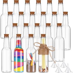 Tanlade Set of 20 5.6oz Plastic Sand Art Bottles with Cork Stoppers Wish Message Bottle Containers Clear Potion Bottles with Plastic Funnels for DIY Craft Wedding Birthday Party