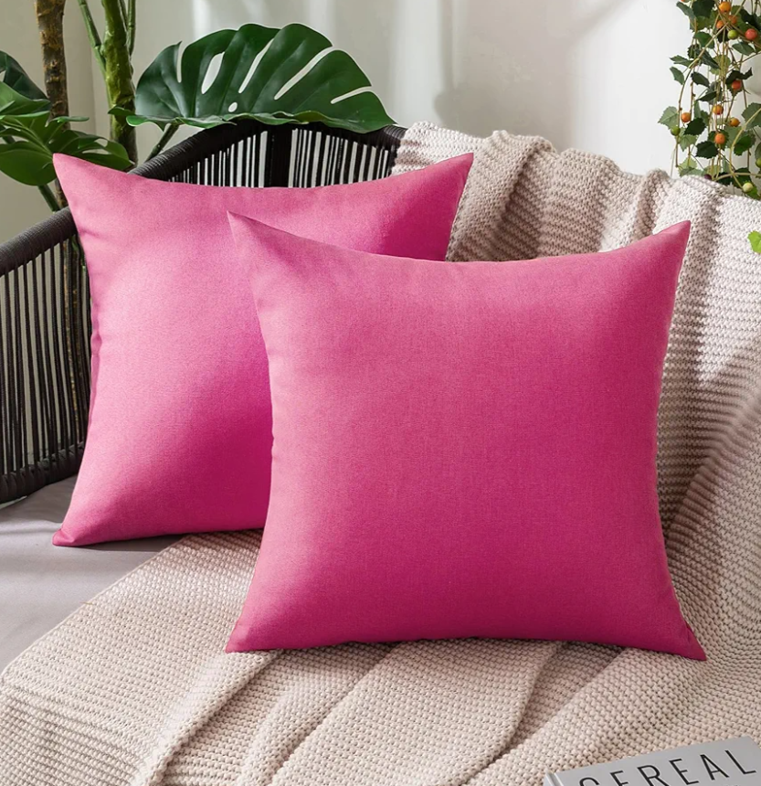 MIULEE Pack of 2 Decorative Outdoor Solid Waterproof Throw Pillow Covers Faux Linen Garden Farmhouse Cushion Cases for Patio Tent Balcony Couch Sofa 18x18 Inch Hot Pink