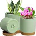 WSMKSZ 3 Pack 6/5/4 inch Cylindrical Flower Pots, Modern Small Round Plastic Plant Pots with Drainage Holes & Saucers, Clean and Refined Planter Pots for Outdoor, Indoor & Office Decor (Green Brown)