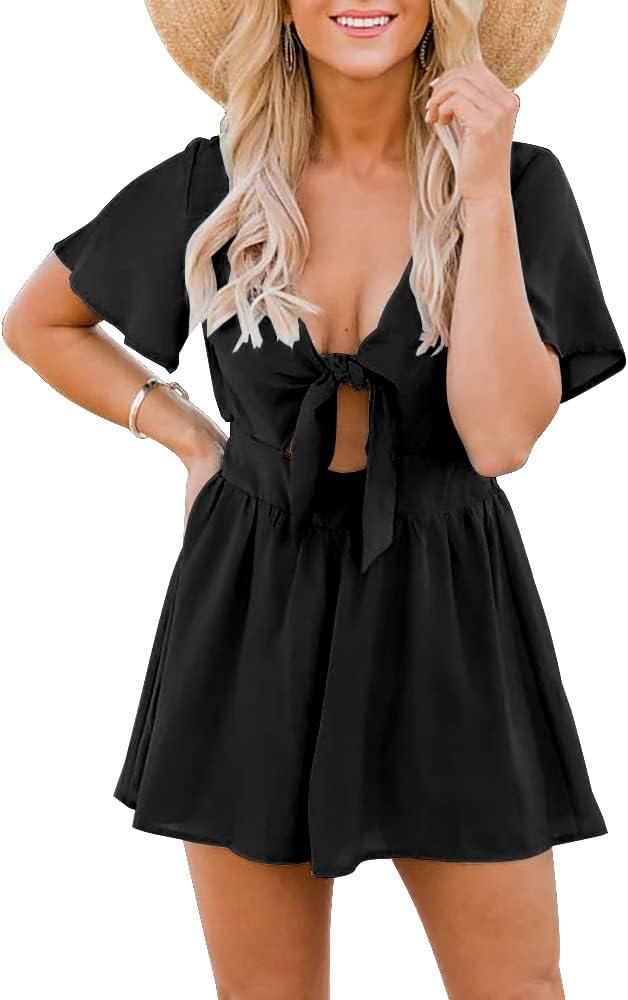 Aoysky Womens Summer Short Rompers Sexy Cute Loose Tie Front Jumpsuit Casual V Neck Wide Leg Beach Overalls (Large, Black)