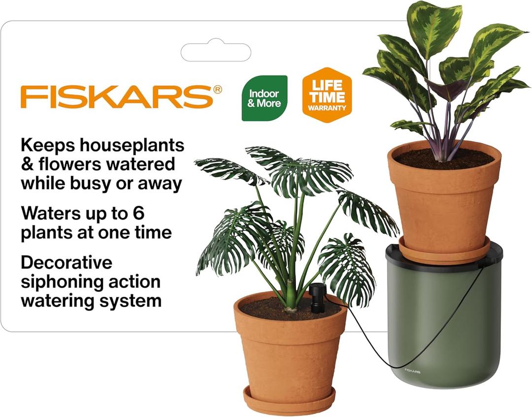 Fiskars LifeWell Watering System for Houseplants, Self-Watering Indoor Plant Stand with Siphon Action, Waters Up to 6 Plants, 33" Reach