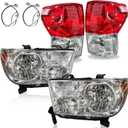 4PCS Headlights and Tail Lights Assembly Set For 2007 2008 2009 2010 2011 2012 2013 Toyota Tundra Pickup Replacement HeadlampsW/Leveling Adjuster Chrome Housing Clear lens Rear Brake Lamps Kit(LH&RH)