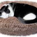 Whiskers & Friends Cat Bed, Cat Beds for Indoor Cats Washable, Orthopedic Soft Fluffy Round Calming Pet Bed for Small to Large Kitty Kittens & Dogs, Small Dog Beds & Furniture (20.00" x 20.00" x 6.00", Beige-Brown)