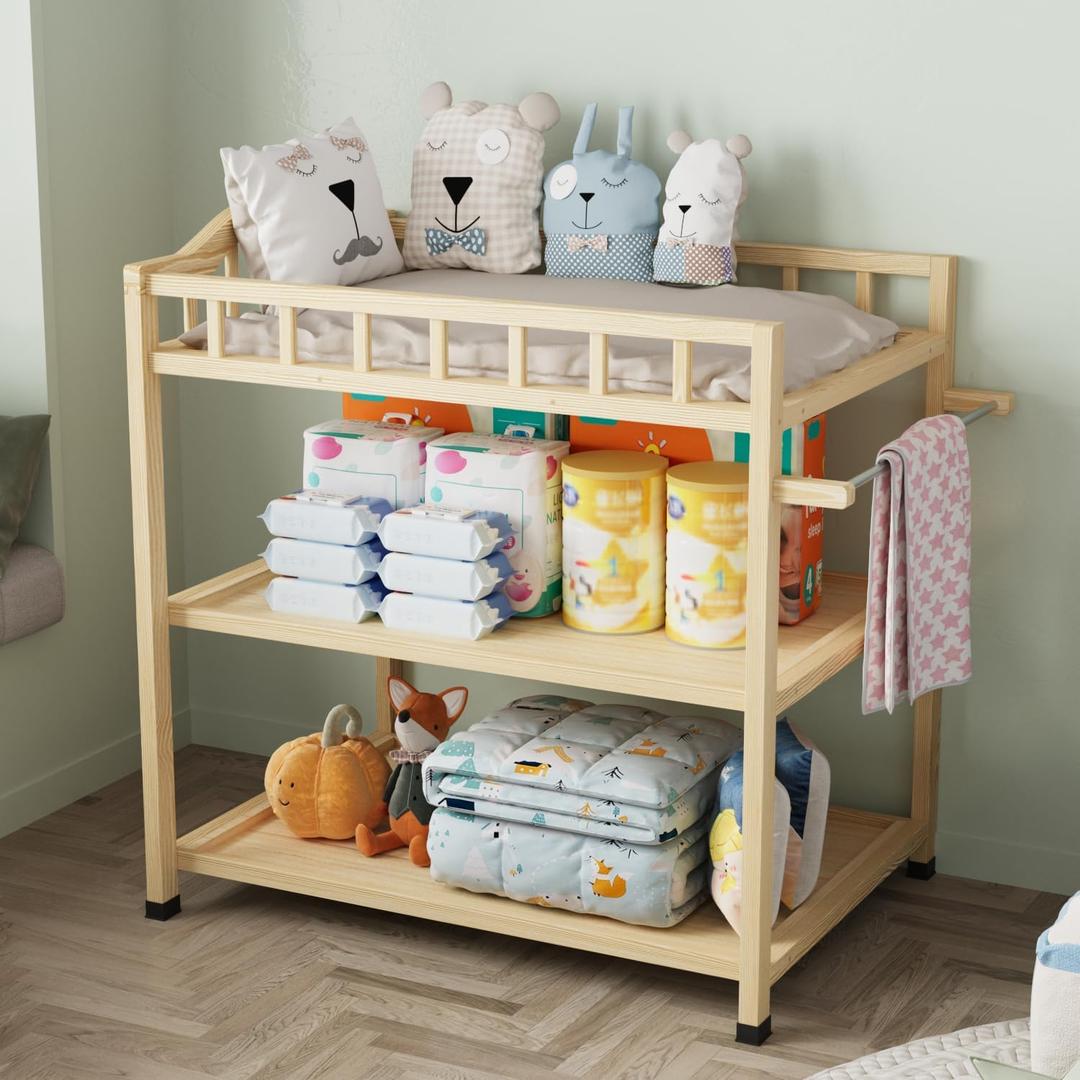 Infant Changing Table in Natural, Solid Wood Structure with Weight Capacity Up to 30LBS, Portable Changing Station for Baby Nursery, New Zealand Pinewood, 32.6"W x 23.6"D x 35"H