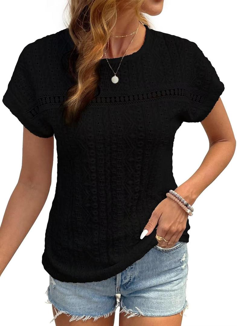 SKVON Womens Tops Casual Scoop Neck Short Sleeve Embroidered Lace Hollow Out Shirts Loose Tunic Knit Boho Blouses (Black, XXL)