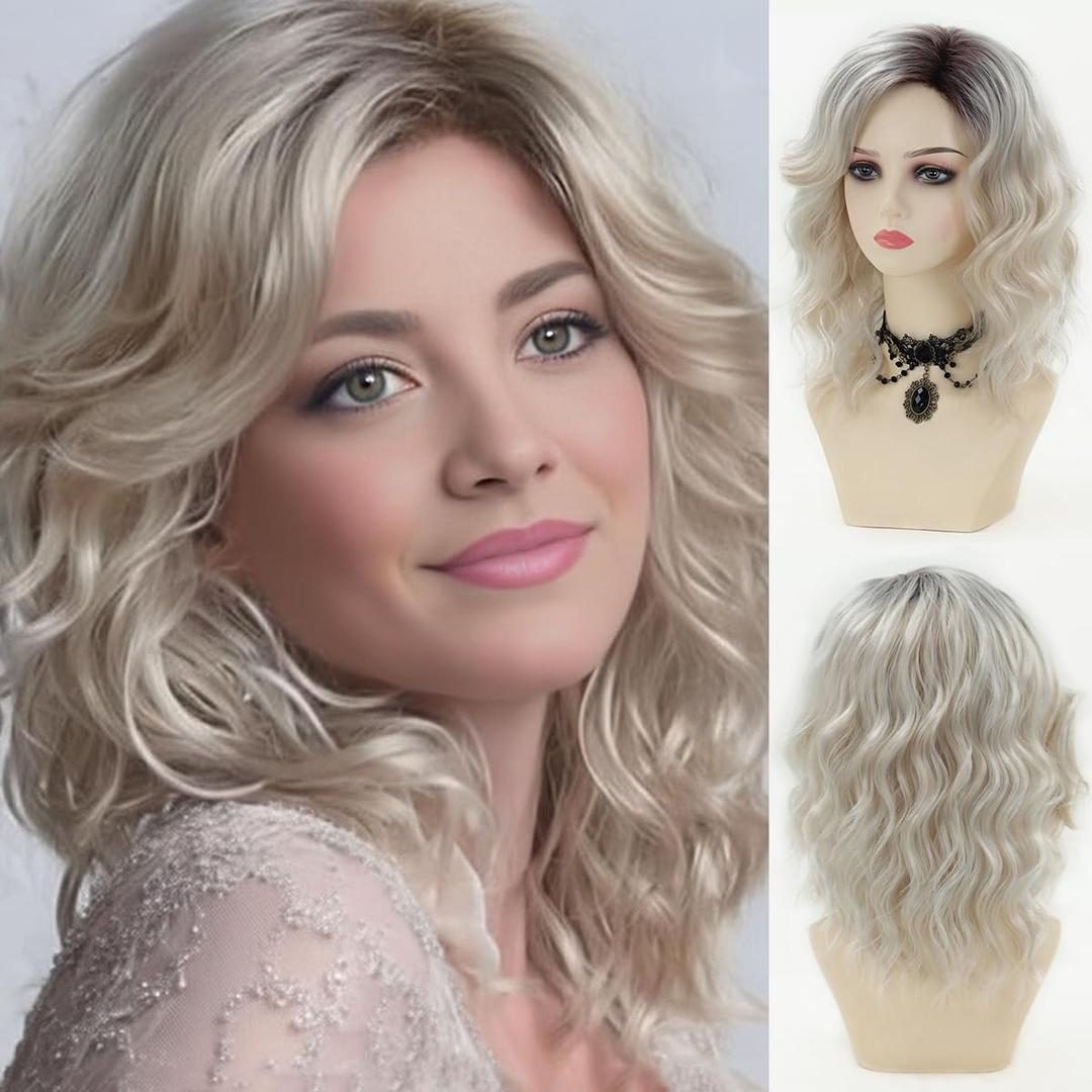 SEVENCOLORS Medium Length Blonde Wavy Wigs for White Women Natural Looking White Blonde Curly Wigs Synthetic Womens Wigs for Daily Party Cosplay (Platinum)