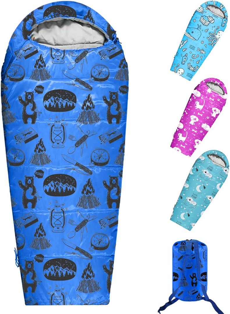 KidzAdventure Mummy Style 32 59F Kids Sleeping Bag with Pillow Sleeve, 4 Season, Lightweight and Backpacking Style, Ideal for Camping, Sleepover, Boys, Girls, Youth and Toddlers, Blue