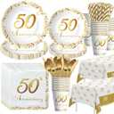 APOWBLS 50th Anniversary Decorations And Supplies Tableware - Golden 50 Year Wedding Anniversary Decorations, Party Plate, Cup, Napkin, Tablecloth, Cutlery, Paper Straw | Serve 24