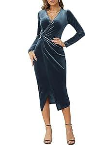 Nashalyly Womens Velvet Cocktail Dress Cowl Neck Long Sleeve Party Midi Wedding Guest Ruched Slit Bodycon Dress L
