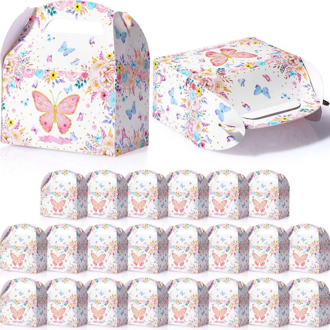Nezyo 24 Pcs Butterfly Party Favor Treat Box Spring Butterfly Party Goodie Gift Box Flower Gift Wrap Kraft Candy Treat Paper Birthday Supplies for Baby Shower Wedding