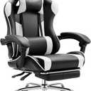 Sweetcrispy Video Game Desk Chair - Ergonomic Computer with Footrest and Comfy Lumbar Support, PU Leather Recliner with Headrest, Fixed Up Armrest, Height Adjustable with 360 Swivel, White, Adults