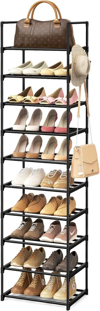 WEXCISE Narrow Shoe Rack 10 Tiers Tall Shoe Rack for Entryway 20 24 Pairs Shoe & Boots Organizer Storage Shelf Durable Black Metal Stackable Shoe Cabinet with Hooks, 17.1D x 11.8W x 78.7H in