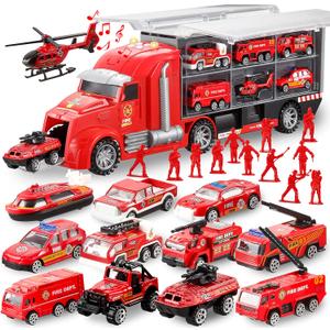 JOYIN 25 in 1 Fire Truck Vehicle Toy Set with Sounds and Lights, Fire Engine Vehicles in Carrier Truck, Mini Rescue Emergency Car Toy, Birthday Gifts for Over 3 Years Old Boys