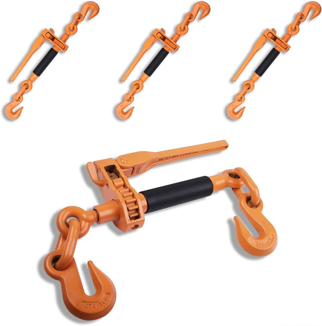 Ratchet Binder Plus Ratchet Chain Binder - 4 Pack Load Binder, 3/8" - 1/2" Grade 70 Chain, 12000 LBS Working Load Limit, Heavy-Duty Ratchet Binder with Folding Handle, DOT & SAE Compliant