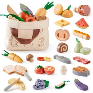 ROBOTIME Wooden Play Food 4-in-1 Cutting Set, Pretend Play Toy Food for Play Kitchen with Shopping Bag  Kids Kitchen Accessories, Wooden Play Food for Boys & Girls